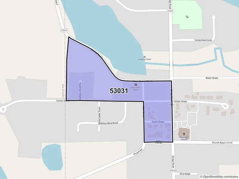 Map of Hingham, Wisconsin and ZIP codes