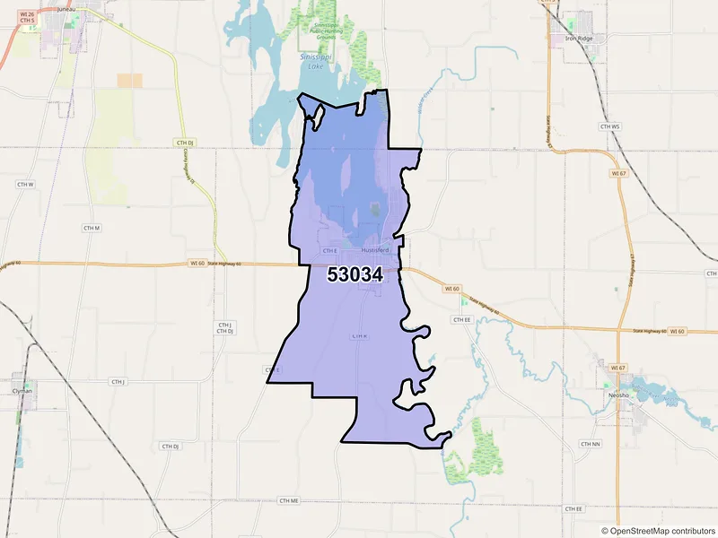 Map of ZIP Code 53034 — Hustisford, WI