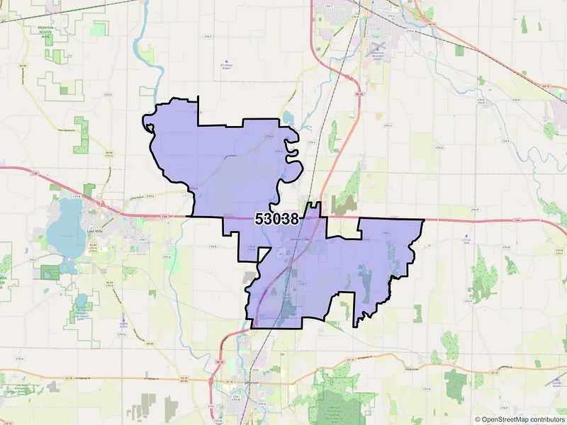 Map of Johnson Creek, Wisconsin and ZIP codes