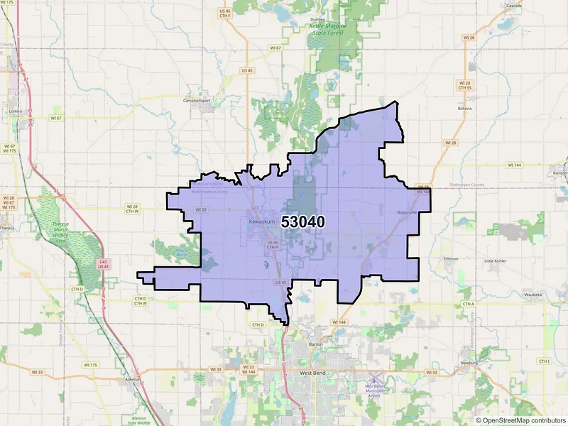 Map of ZIP Code 53040 — Kewaskum, WI