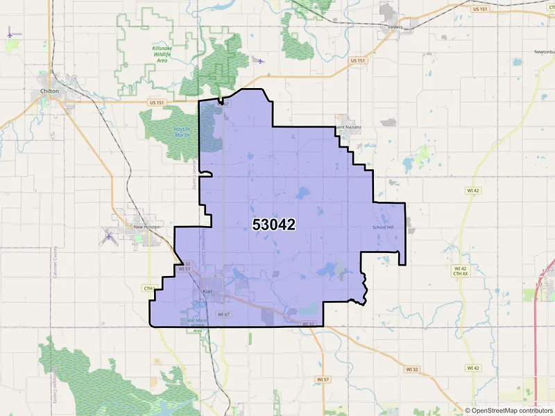 Map of Kiel, Wisconsin and ZIP codes