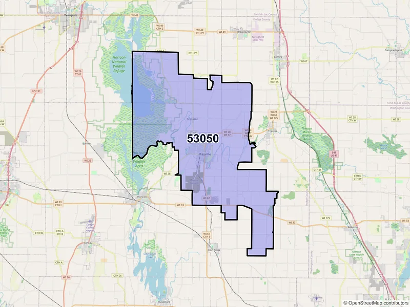Map of ZIP Code 53050 — Mayville, WI