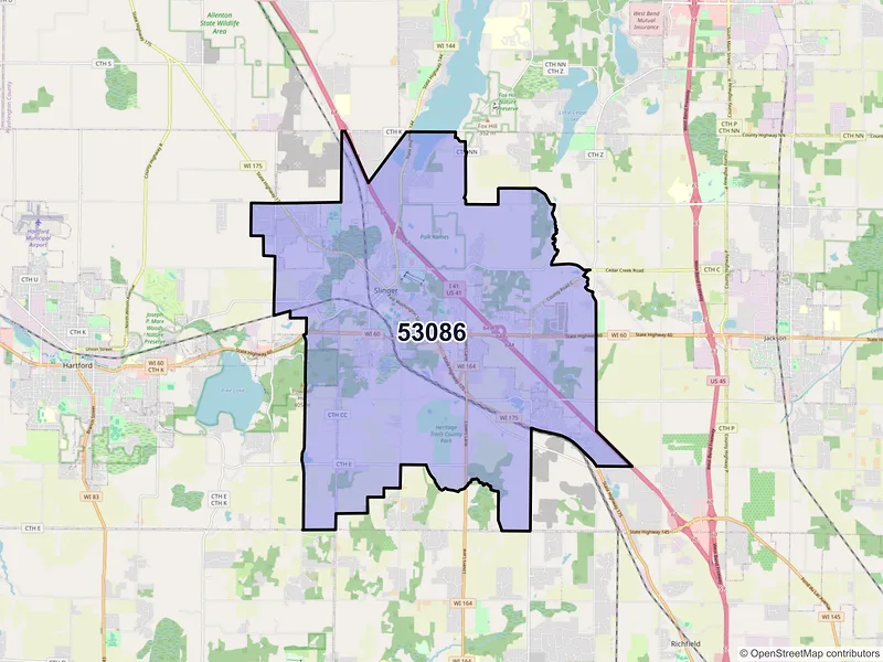 Map of ZIP Code 53086 — Slinger, WI