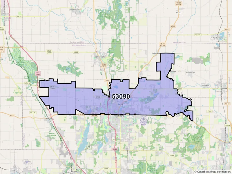 Map of ZIP Code 53090 — West Bend, WI