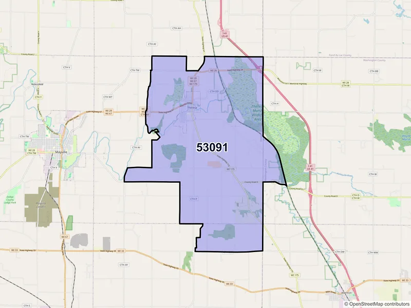 Map of ZIP Code 53091 — Theresa, WI