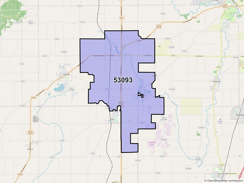 Map of ZIP Code 53093 — Waldo, WI