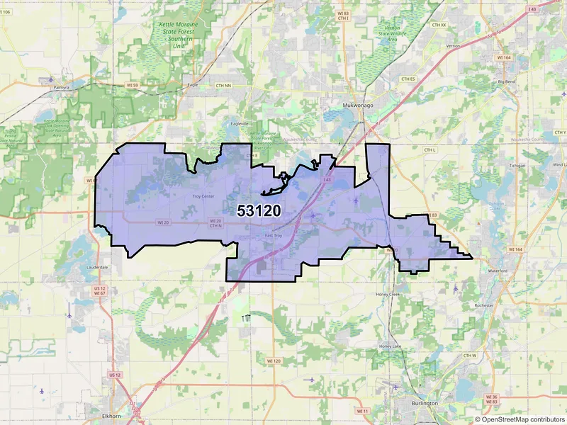 Map of East Troy, Wisconsin and ZIP codes