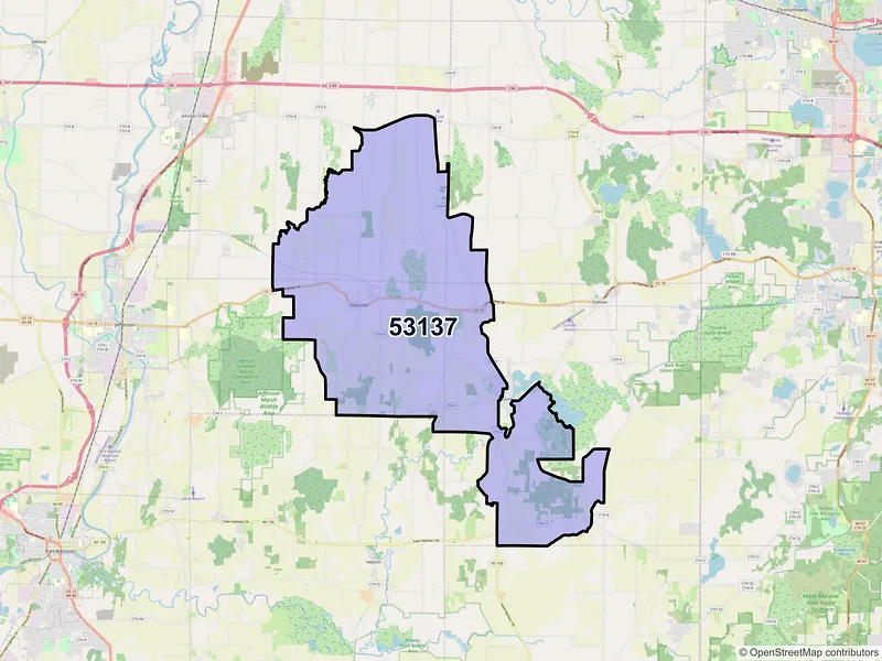 Map of Helenville, Wisconsin and ZIP codes