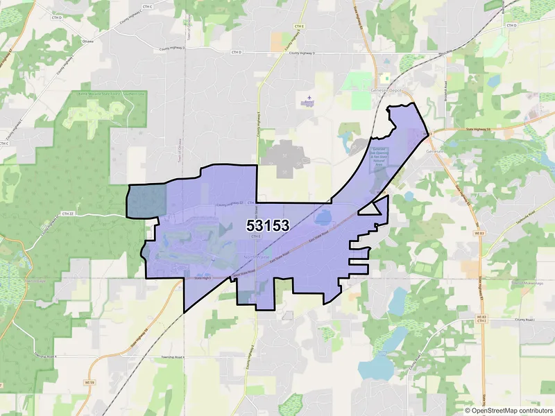 Map of ZIP Code 53153 — North Prairie, WI