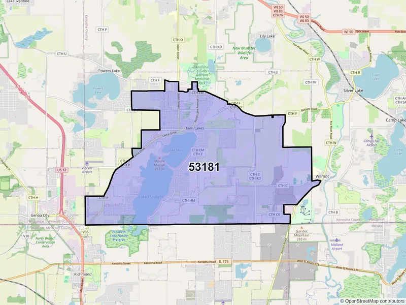 Map of ZIP Code 53181 — Twin Lakes, WI