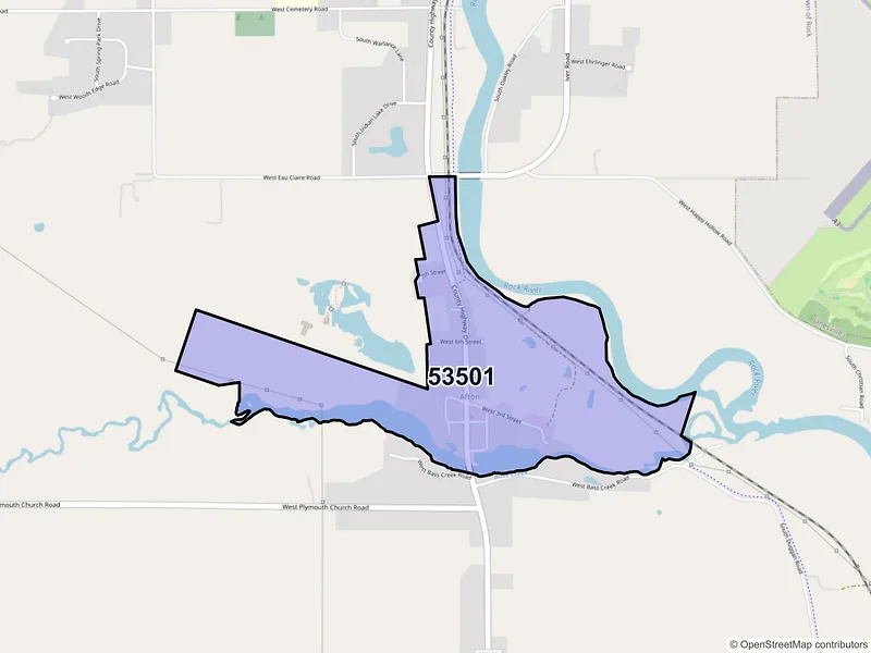 Map of Afton, Wisconsin and ZIP codes