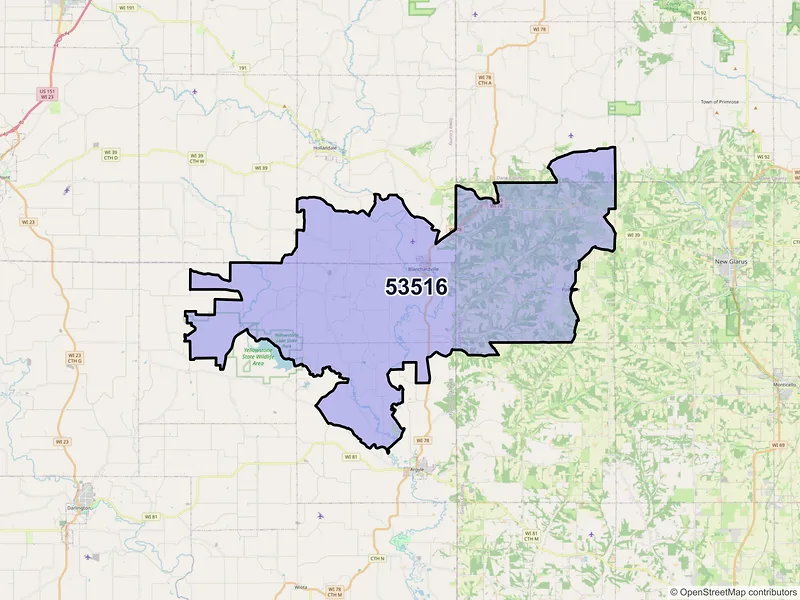Map of Blanchardville, Wisconsin and ZIP codes