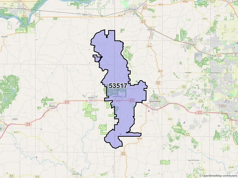 Map of ZIP Code 53517 — Blue Mounds, WI