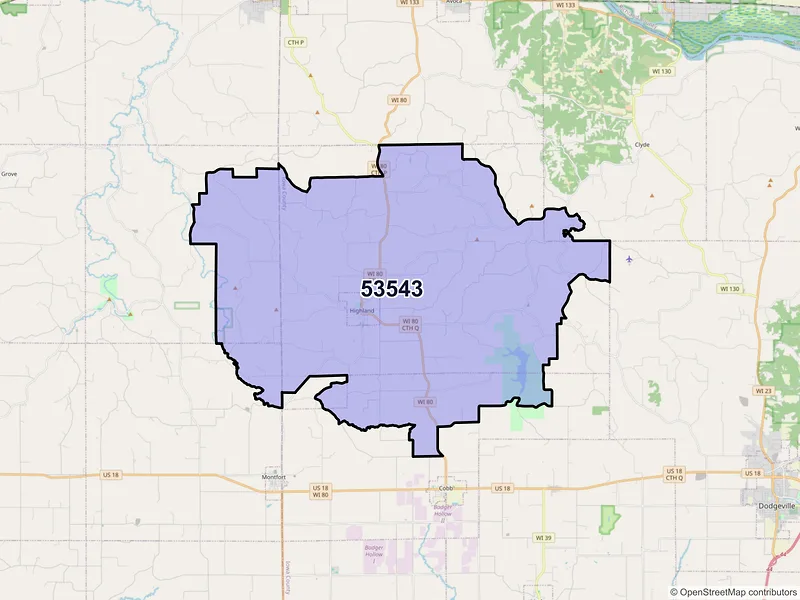 Map of ZIP Code 53543 — Highland, WI