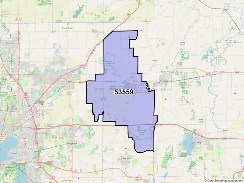 Map of ZIP Code 53559 — Marshall, WI