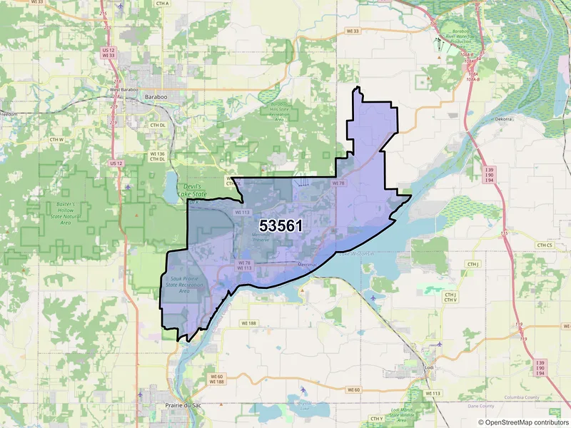 Map of ZIP Code 53561 — Merrimac, WI