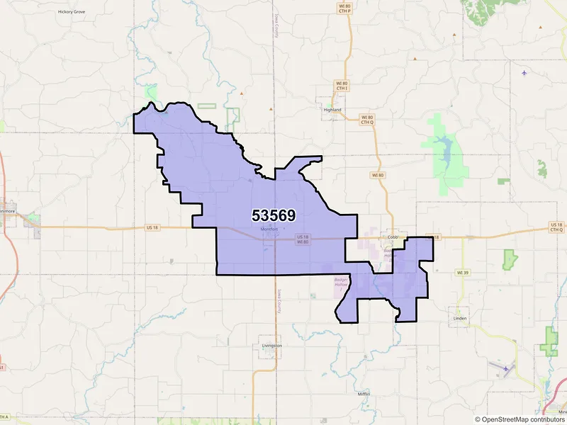 Map of ZIP Code 53569 — Montfort, WI