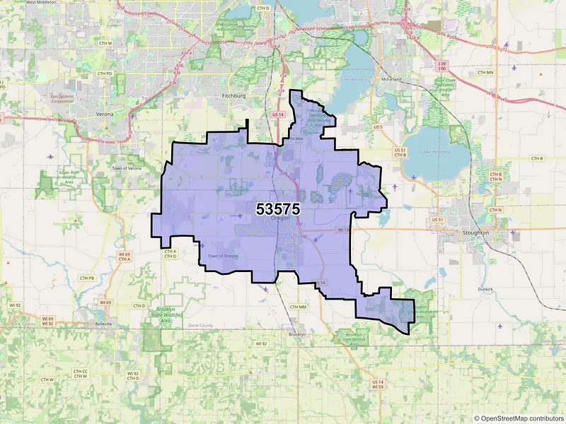 Map of ZIP Code 53575 — Oregon, WI