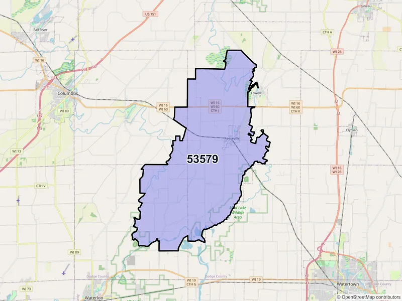 Map of Reeseville, Wisconsin and ZIP codes