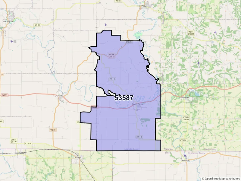 Map of ZIP Code 53587 — South Wayne, WI
