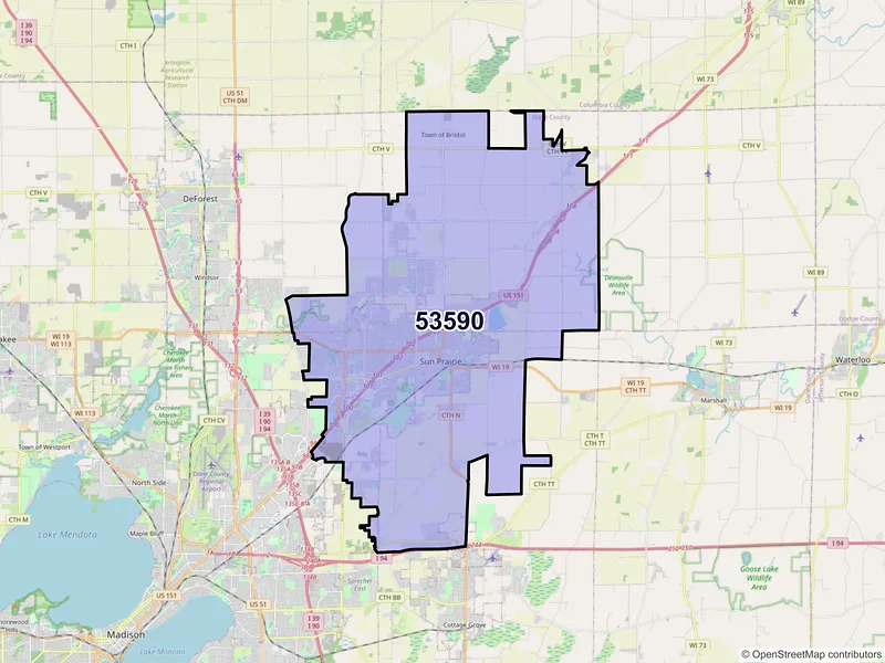 Map of ZIP Code 53590 — Sun Prairie, WI