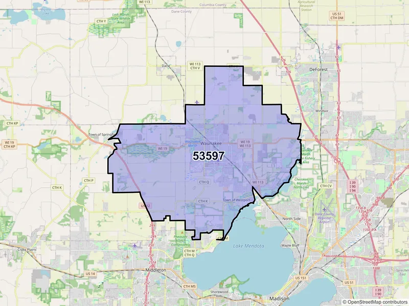 Map of ZIP Code 53597 — Waunakee, WI