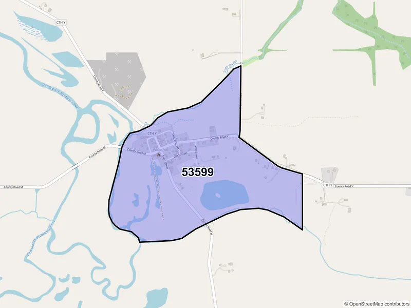 Map of Woodford, Wisconsin and ZIP codes