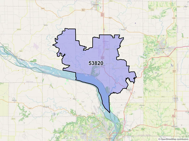Map of Potosi, Wisconsin and ZIP codes