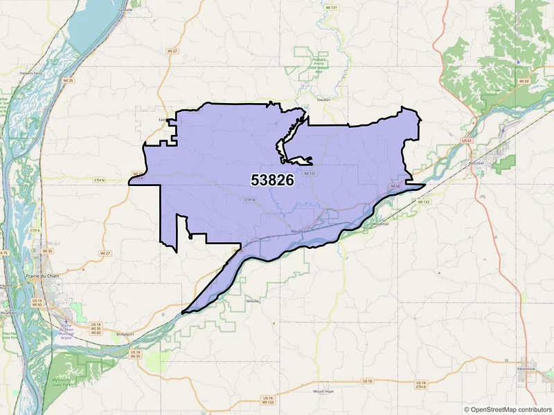 Map of ZIP Code 53826 — Wauzeka, WI