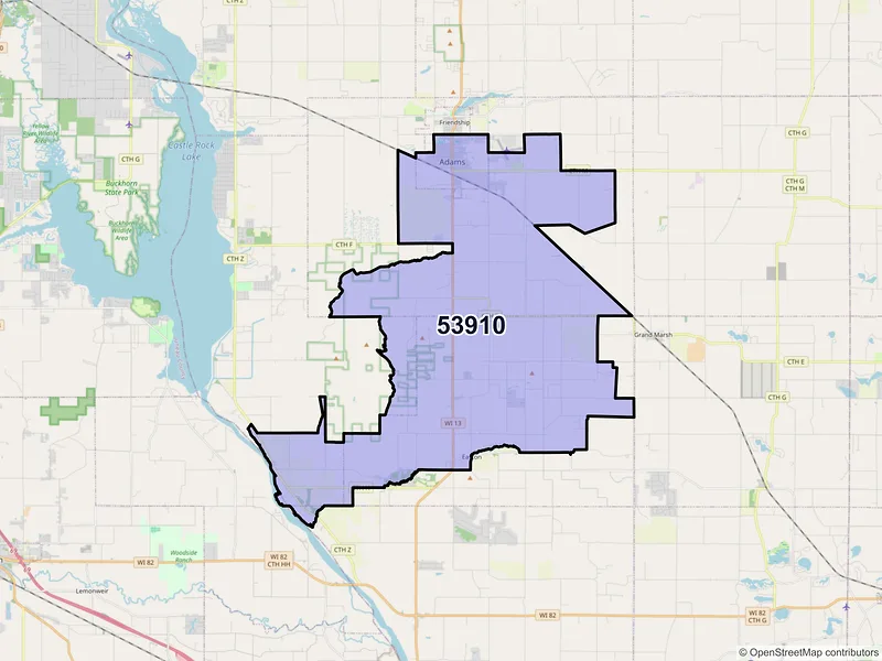 Map of ZIP Code 53910 — Adams, WI