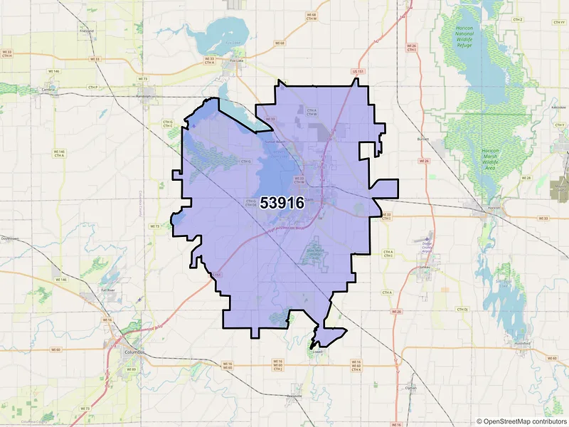 Map of ZIP Code 53916 — Beaver Dam, WI