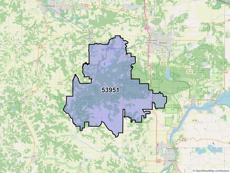Map of ZIP Code 53951 — North Freedom, WI