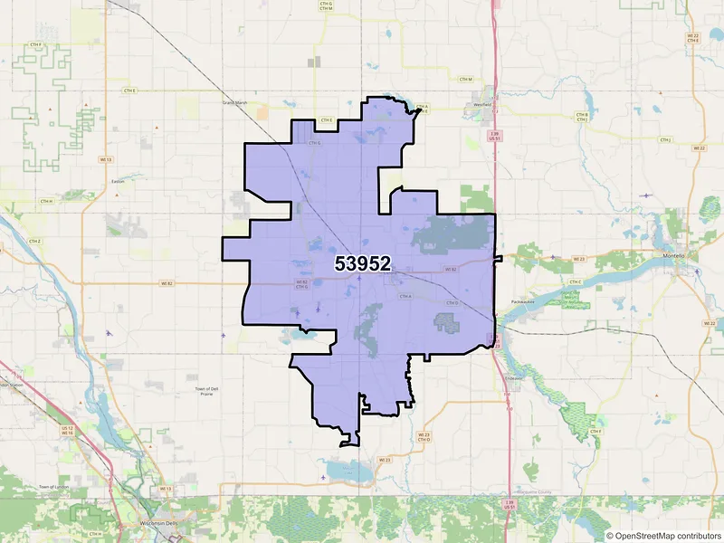 Map of Oxford, Wisconsin and ZIP codes