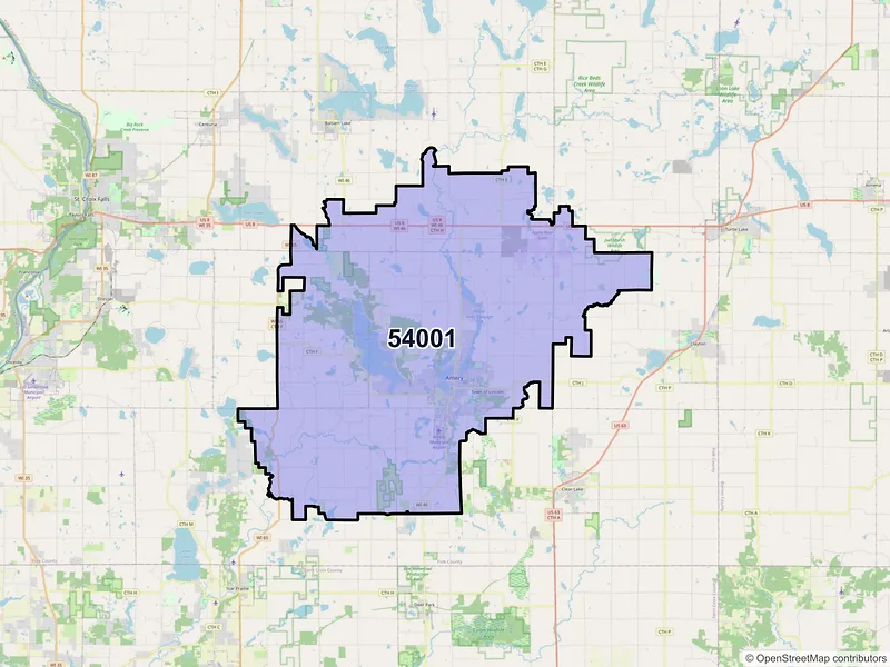 Map of Amery, Wisconsin and ZIP codes