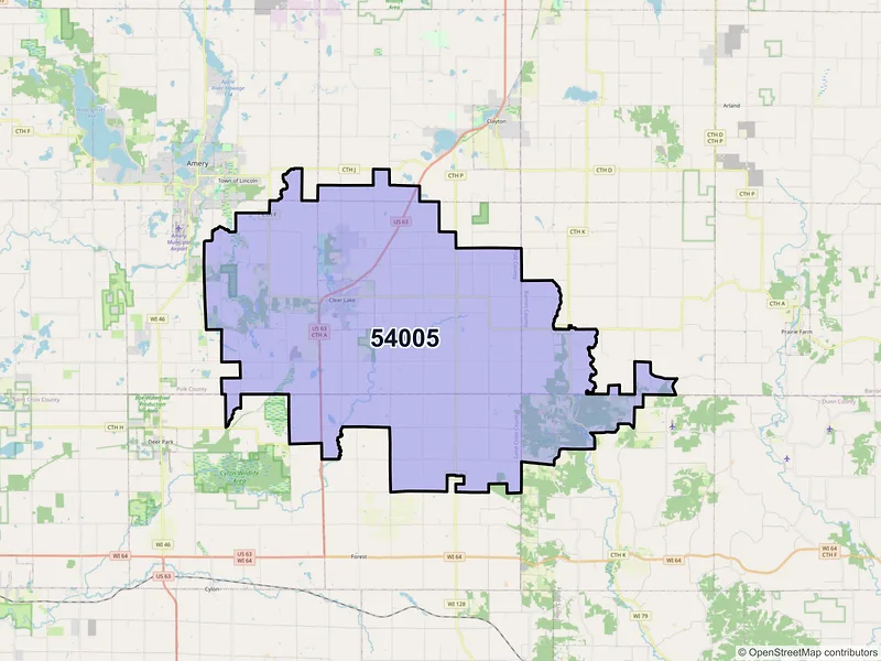 Map of ZIP Code 54005 — Clear Lake, WI