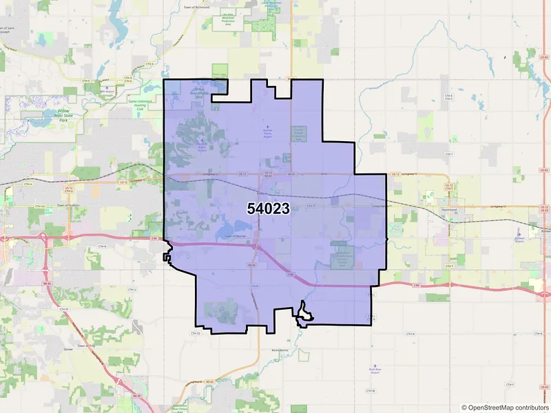 Map of ZIP Code 54023 — Roberts, WI