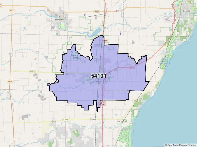 Map of ZIP Code 54101 — Abrams, WI
