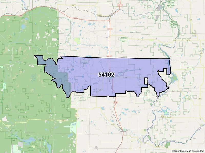 Map of ZIP Code 54102 — Amberg, WI