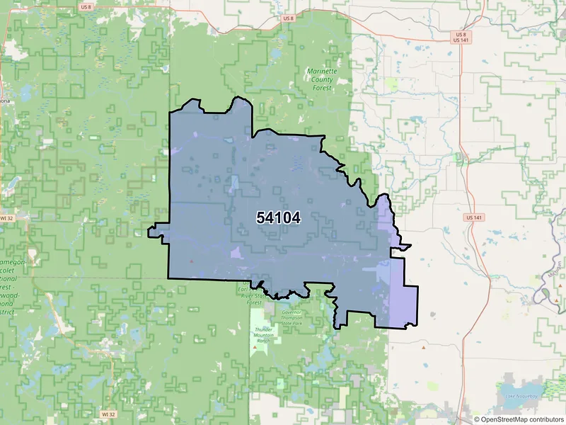 Map of ZIP Code 54104 — Athelstane, WI