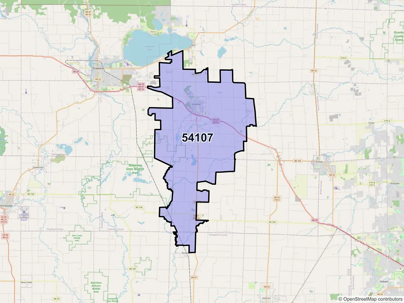 Map of ZIP Code 54107 — Bonduel, WI