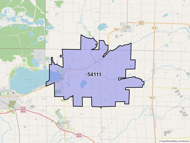 Map of Cecil, Wisconsin and ZIP codes