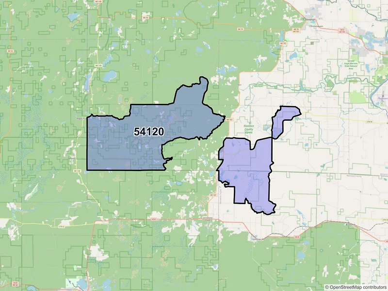 Map of Fence, Wisconsin and ZIP codes