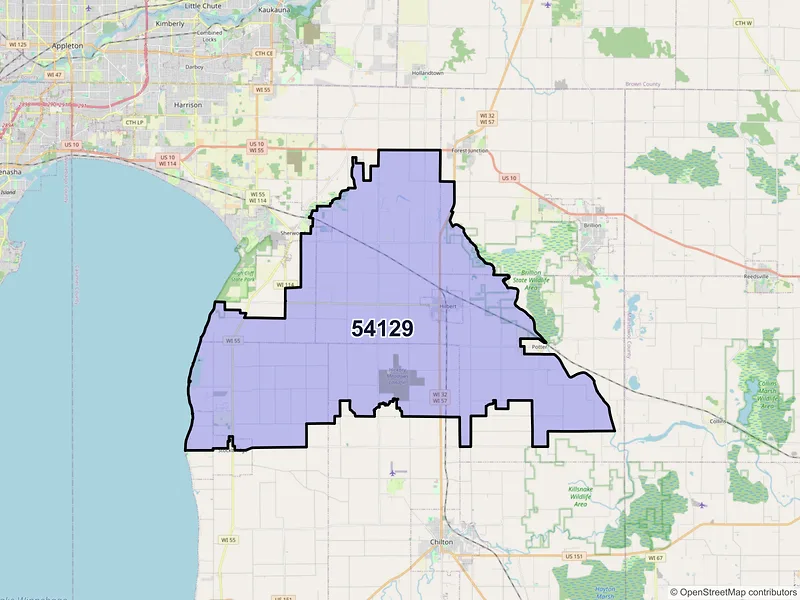 Map of ZIP Code 54129 — Hilbert, WI