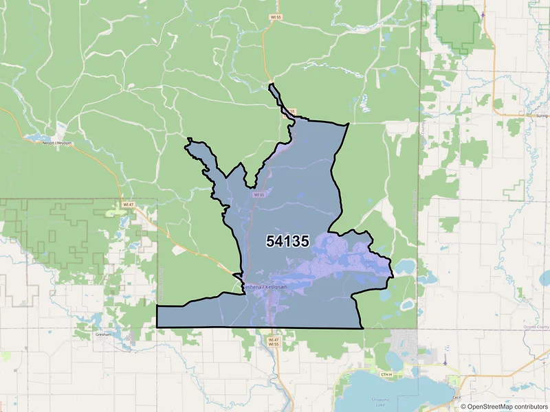 Map of ZIP Code 54135 — Keshena, WI