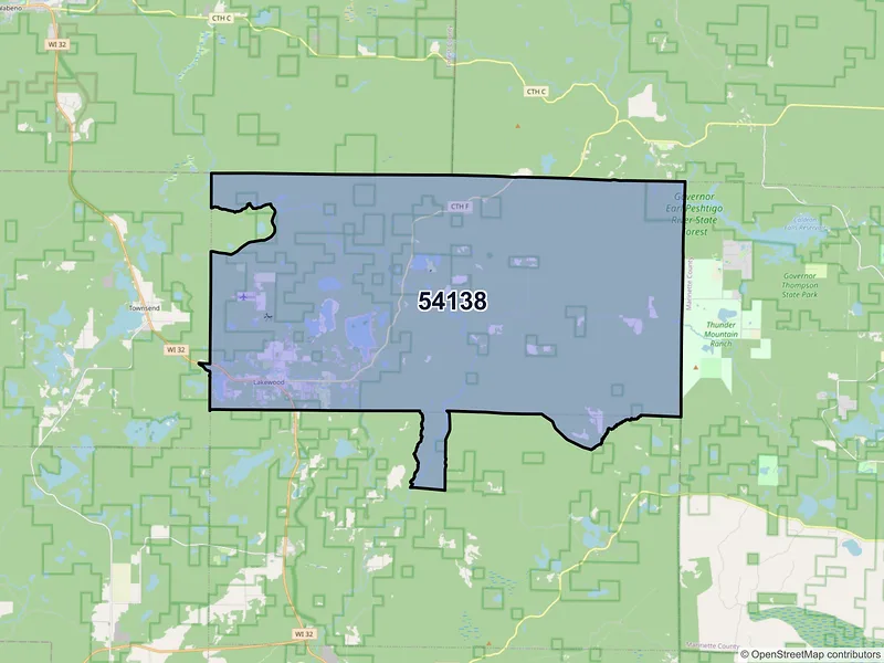Map of Lakewood, Wisconsin and ZIP codes