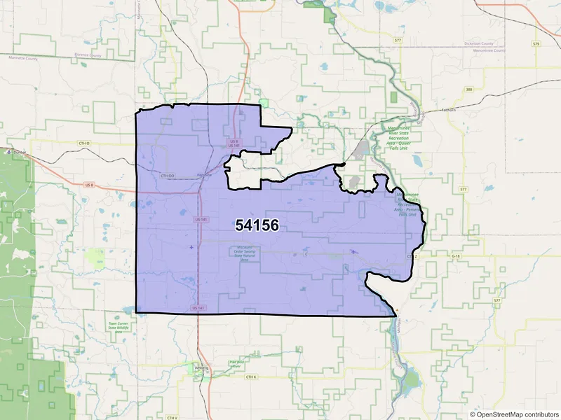 Map of ZIP Code 54156 — Pembine, WI