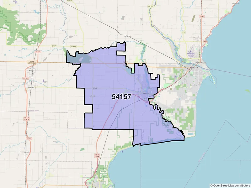 Map of Peshtigo, Wisconsin and ZIP codes