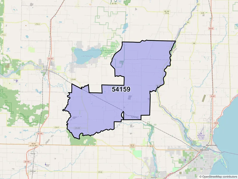 Map of Porterfield, Wisconsin and ZIP codes