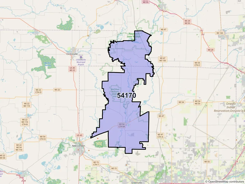 Map of ZIP Code 54170 — Shiocton, WI