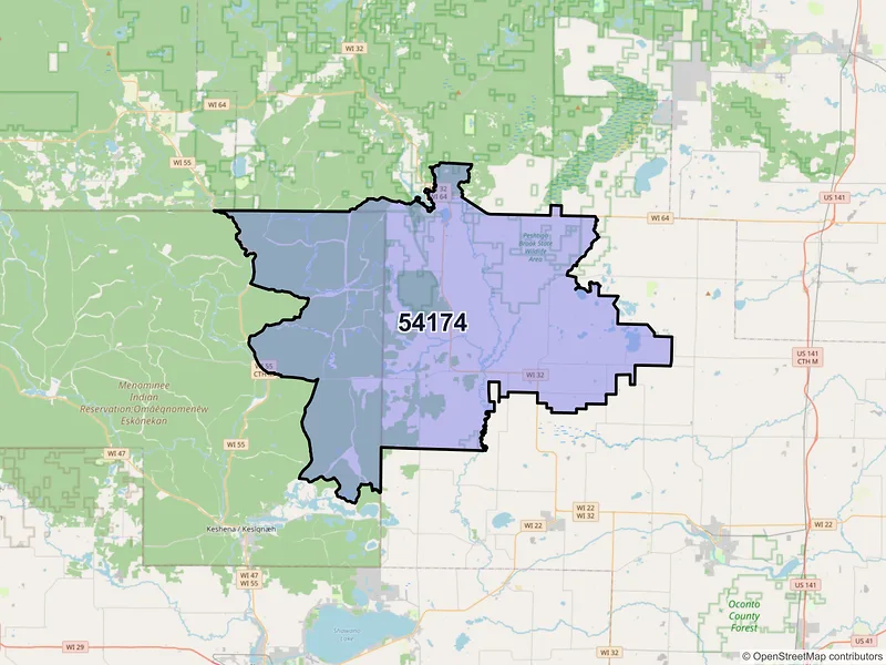 Map of ZIP Code 54174 — Suring, WI